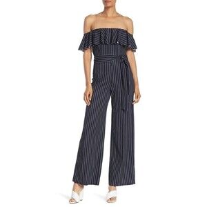 Bebe Navy Pinstripe Off Shoulder Jumpsuit Size 10 NWT